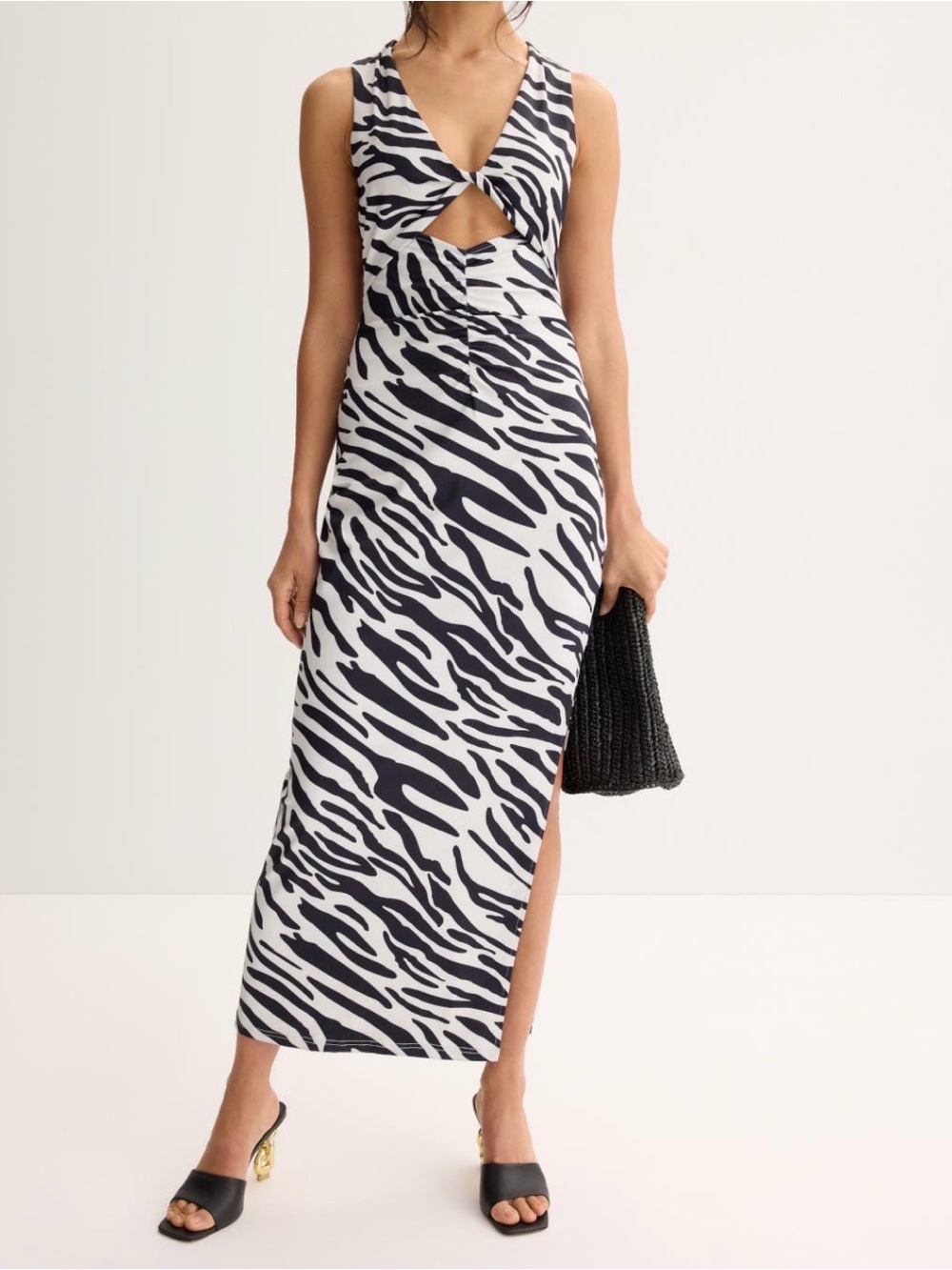 Sleeveless Zebra-Print Cutout Maxi Dress - Black & White